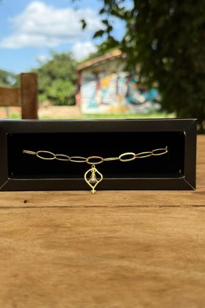 Pulseira Cadeado Laminado 21cm Pingente NSA Cravejada Folheado a Ouro 18k