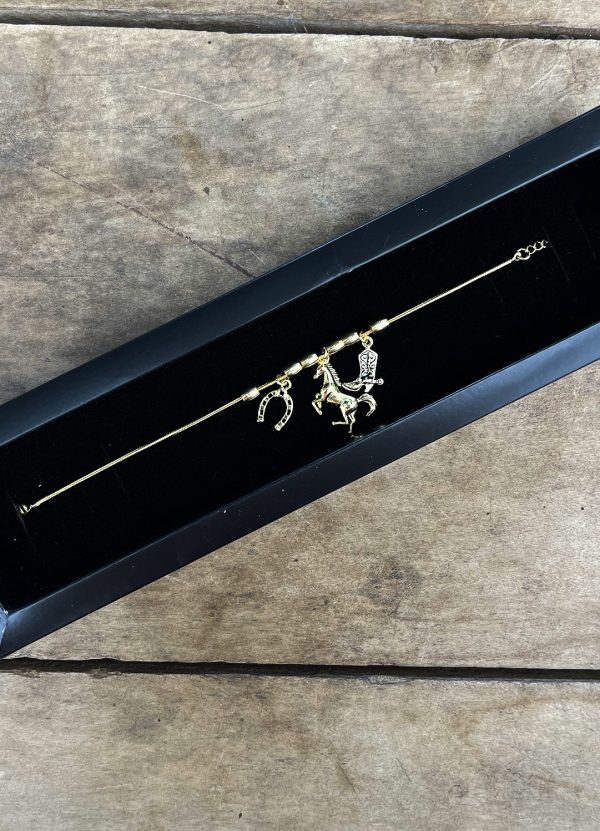 Pulseira Rabo de Rato 21cm Pingente Cavalo Resinado/Bota/Ferradura Folheado a Ouro 18k - Imagem 1
