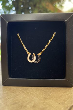 Colar Elo Português 45cm Pingente Ferradura Dupla Cravejada Z.Cristal/Z.Negra Folheado a Ouro 18k